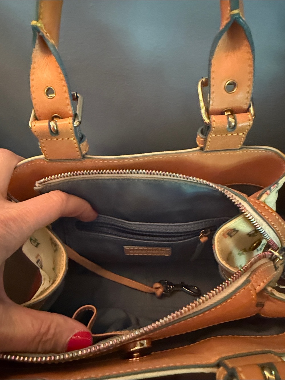 Dooney & Bourke Cream Multicolor Logo Tote with Tan Trim - Picture 3 of 7